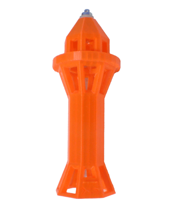 Bright orange buoy marker with a cylindrical base and a tapered top, used for navigation and safety in water bodies.