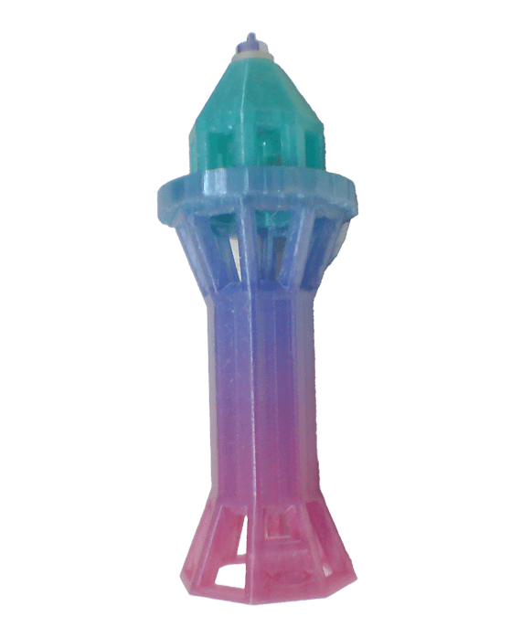 Colorful toy tower with a green top and a gradient body transitioning from blue to pink, designed for imaginative play.