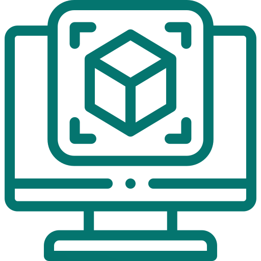 A computer screen displays a 3D cube surrounded by a square border, illustrating concepts of 3D modeling or design software.