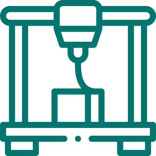 A 3D printer depicted in an outline style, showing the print head and build platform, highlighting its role in additive manufacturing.
