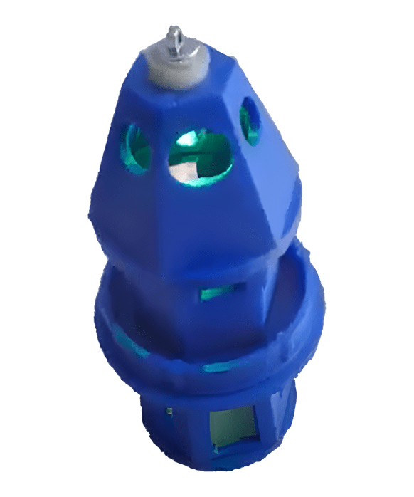 Blue traffic cone with a geometric design and cutout sections, featuring an internal green light. Ideal for guiding safety in low-visibility areas.