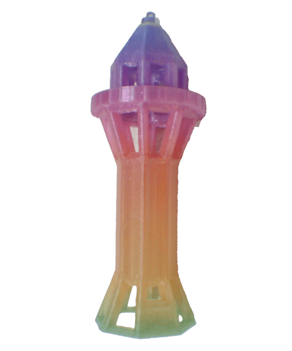Colorful 3D-printed tower with a segmented design, transitioning from purple at the top to orange at the base. Useful for design or modeling references.