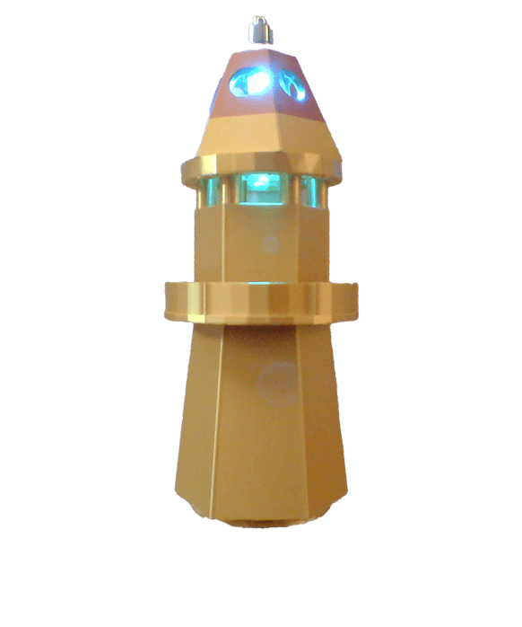 Golden sci-fi device featuring a conical top and illuminated blue accents, likely used in a fictional context or as a prop.