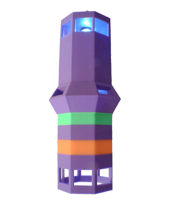 Colorful, geometric lighthouse model featuring a purple body and bands of green, orange, and blue at the top. Ideal for educational display.