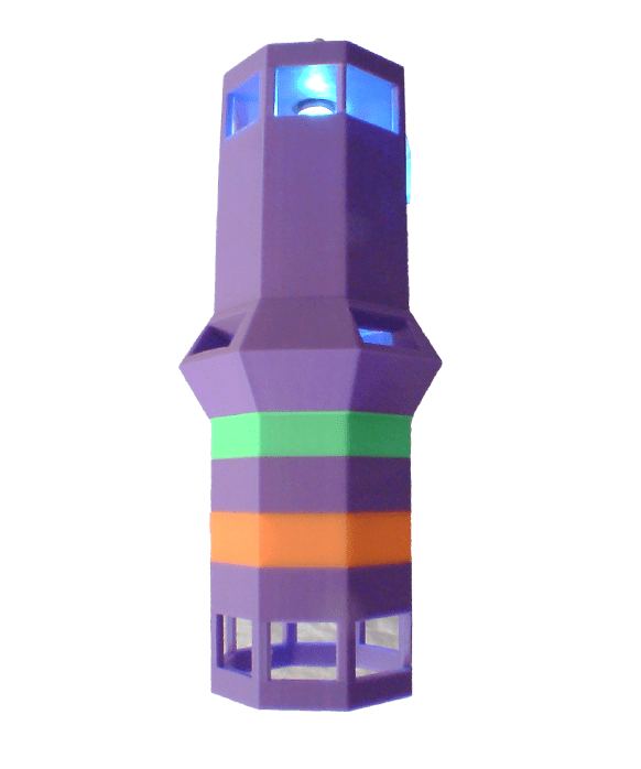 Colorful polygonal tower with a purple top and brightly colored horizontal bands. It appears to be a decorative lighthouse model.