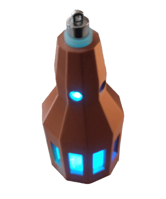 A stylized orange vaporizer with blue LED lights, designed for ergonomic use, showcasing its modern and sleek look.